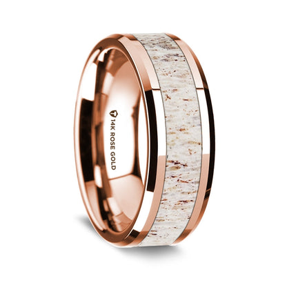 14k Rose Gold Men's Wedding Band with White Deer Antler Inlay