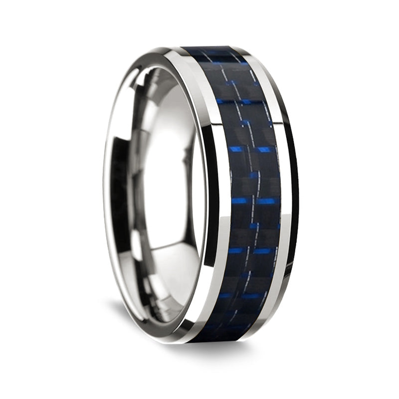 Alianza de oro amarillo de 14 k para hombre con incrustaciones de fibra de carbono en negro y azul oscuro