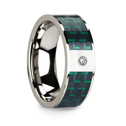 14k White Gold Men's Wedding Band with Black & Green Carbon Fiber Inlay and Diamond