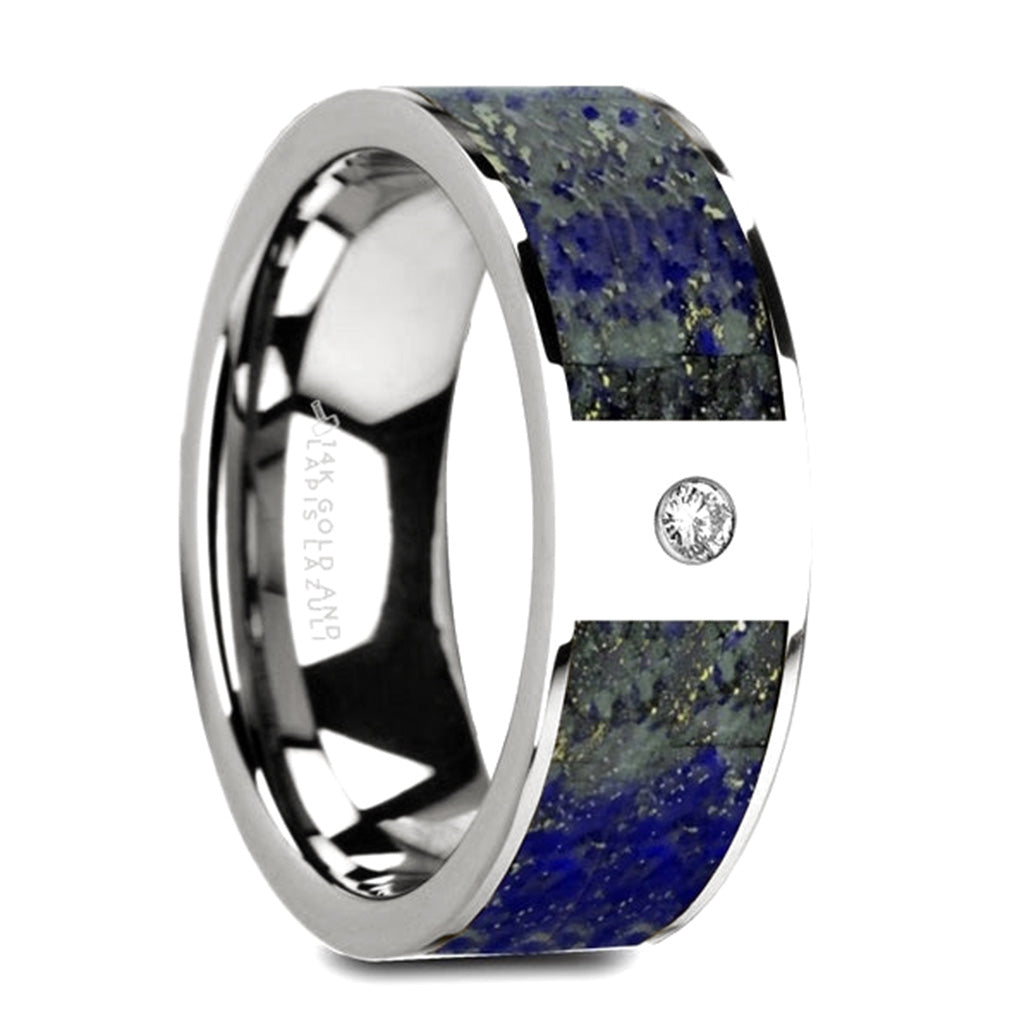 14k Gold Men's Wedding Band with Blue Lapis Lazuli Inlay & Diamond
