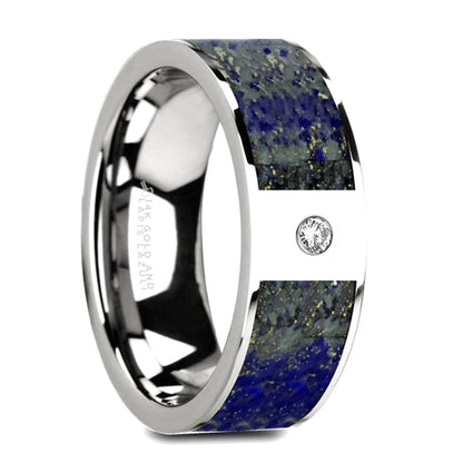 14k Gold Men's Wedding Band with Blue Lapis Lazuli Inlay & Diamond