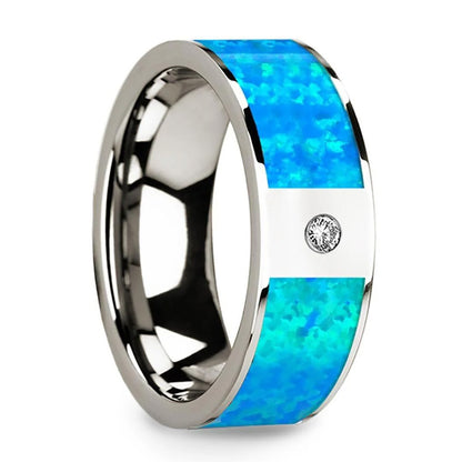 14k Gold Men's Wedding Band with Blue Opal Inlay & Diamond