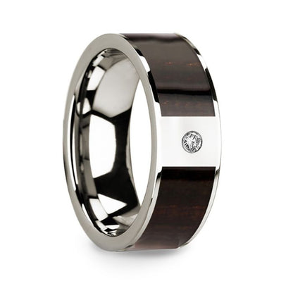14k White Gold Men's Wedding Band with Ebony Wood Inlay & Diamond