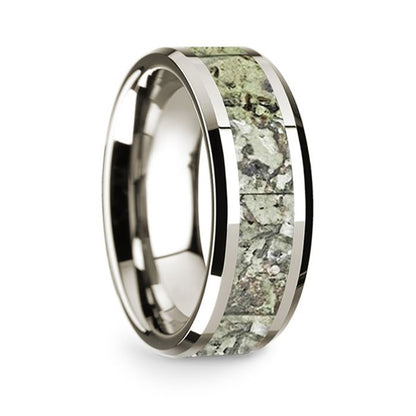 14k White Gold Men's Wedding Band with Green Dinosaur Bone Inlay