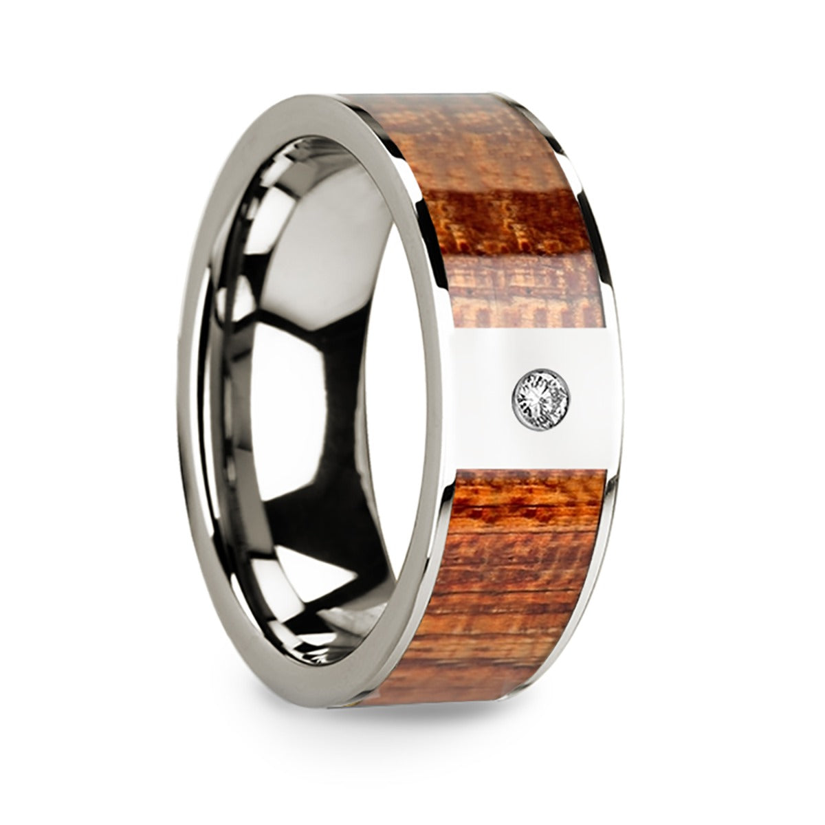 14k White Gold Men's Wedding Band with Mahogany Wood Inlay & Diamond