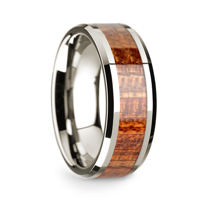14k White Gold Men's Wedding Band with Mahogany Wood Inlay