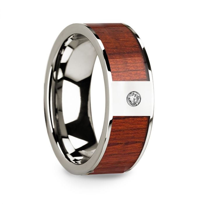 14k White Gold Men's Wedding Band with Padauk Wood Inlay & Diamond
