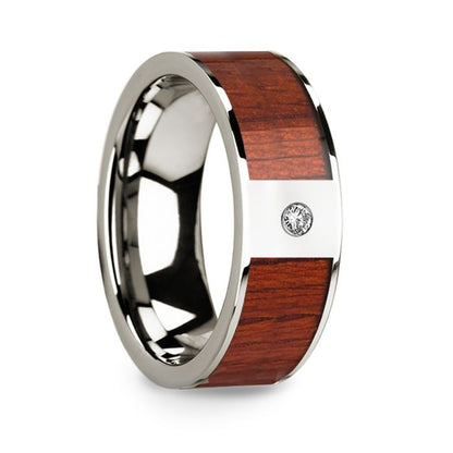 14k White Gold Men's Wedding Band with Padauk Wood Inlay & Diamond