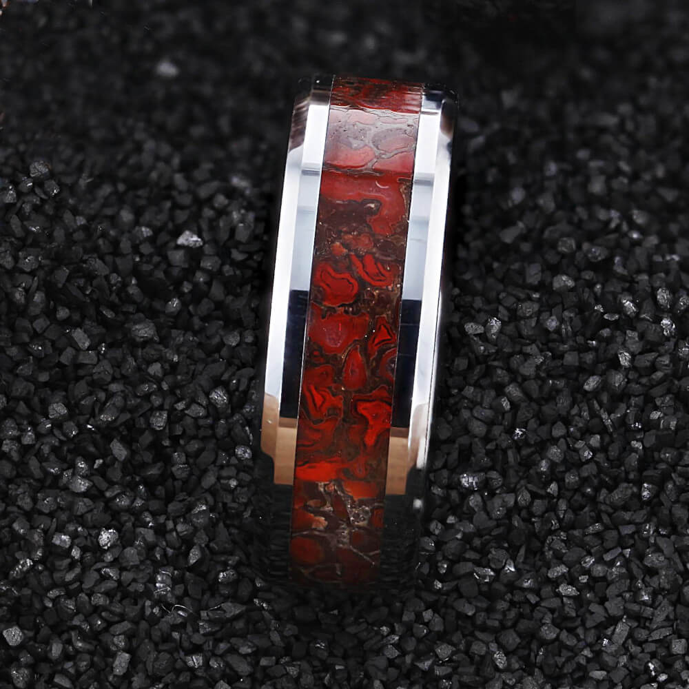 14k White Gold Men's Wedding Band with Red Dinosaur Bone Inlay