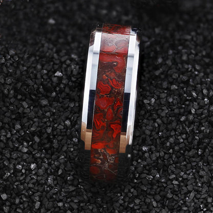 14k White Gold Men's Wedding Band with Red Dinosaur Bone Inlay