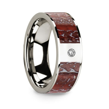 14k White Gold Men's Wedding Band with Red Dinosaur Bone Inlay & Diamond