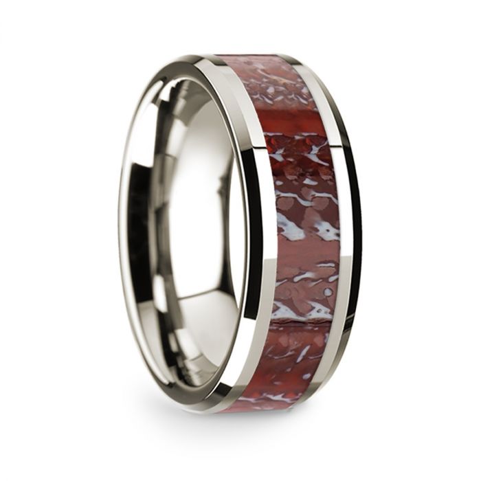 14k White Gold Men's Wedding Band with Red Dinosaur Bone Inlay