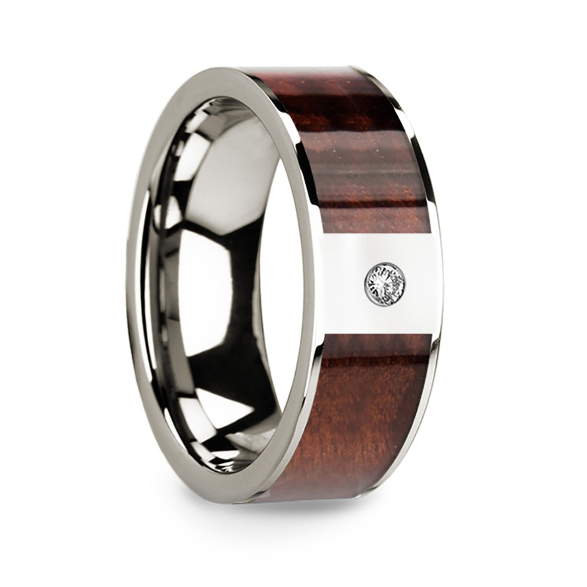 14k White Gold Men's Wedding Band with Redwood Inlay & Diamond