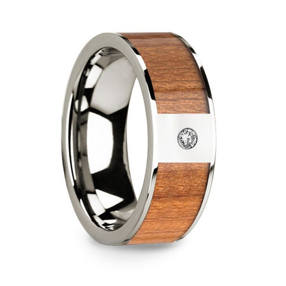 14k White Gold Men's Wedding Band with Sapele Wood Inlay & Diamond