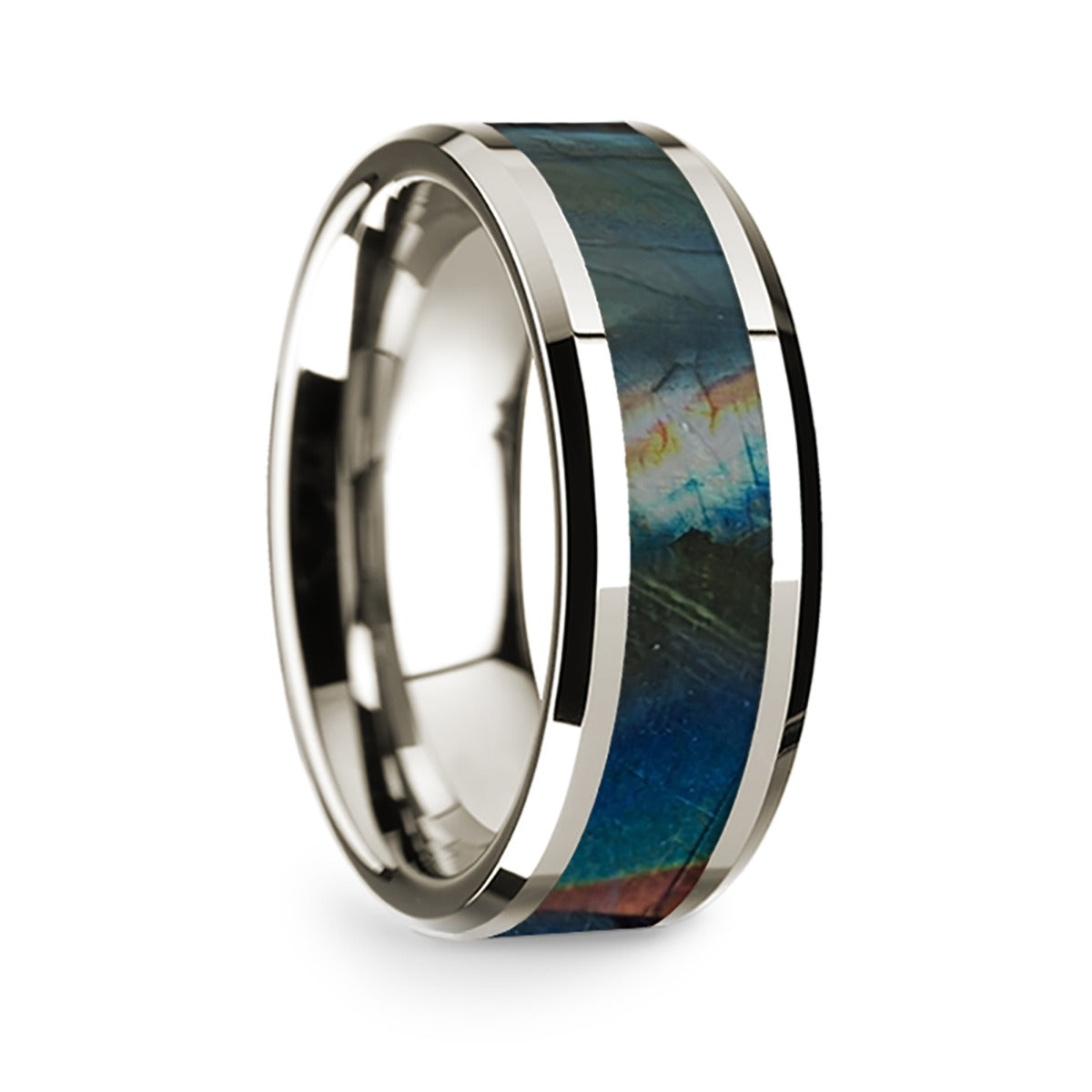 14k White Gold Men's Wedding Band with Spectrolite Inlay