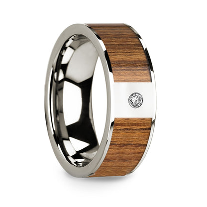 14k White Gold Men's Wedding Band with Teak Wood Inlay & Diamond