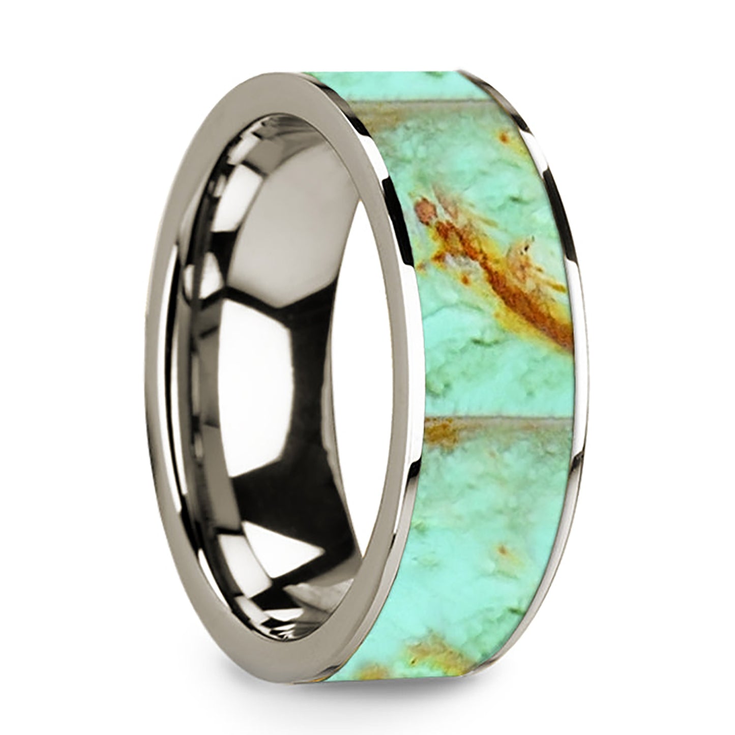 14k White Gold Men's Wedding Band with Turquoise Inlay