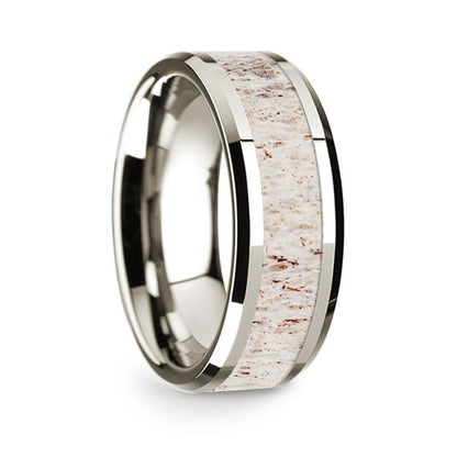 14k White Gold Men's Wedding Band with White Deer Antler Inlay