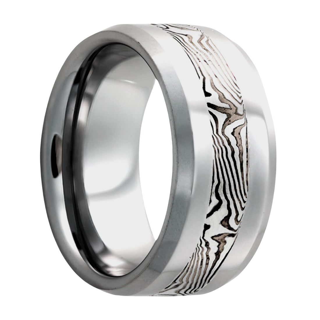 14k White Gold Shakudo Mokume Gane Inlay Tungsten Wedding Band with Beveled Edges