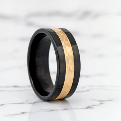 14k Gold Inlay Hammered Zirconium Wedding Band
