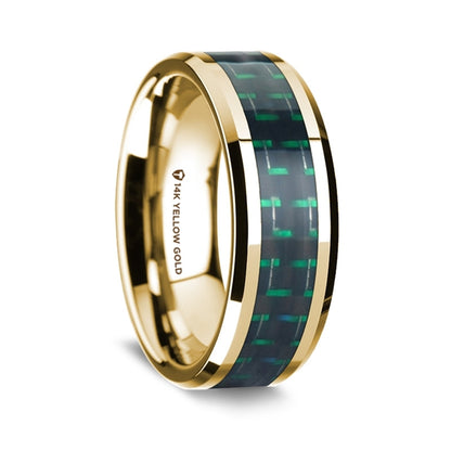 14k Yellow Gold Men's Wedding Band with Black & Green Carbon Fiber Inlay