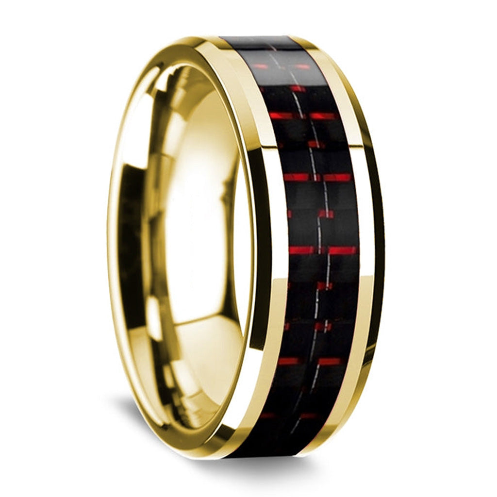 Alliance pour homme en or blanc 14 carats avec incrustation de fibre de carbone noire et rouge