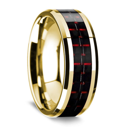 Alliance pour homme en or blanc 14 carats avec incrustation de fibre de carbone noire et rouge