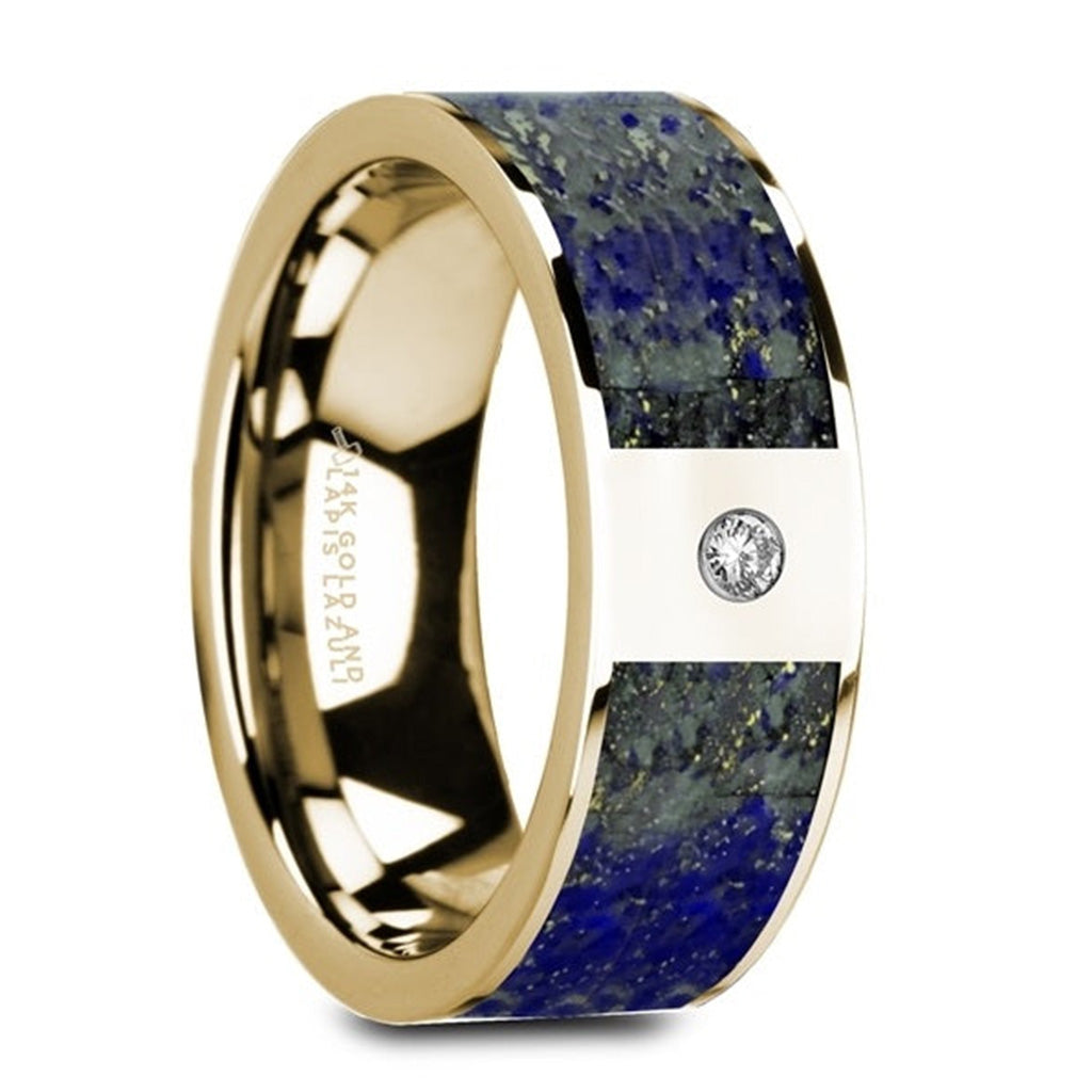 14k Gold Men's Wedding Band with Blue Lapis Lazuli Inlay & Diamond