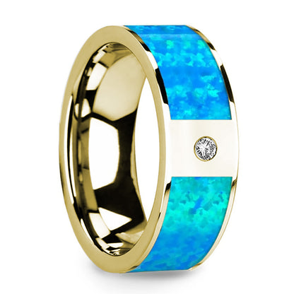 14k Gold Men's Wedding Band with Blue Opal Inlay & Diamond