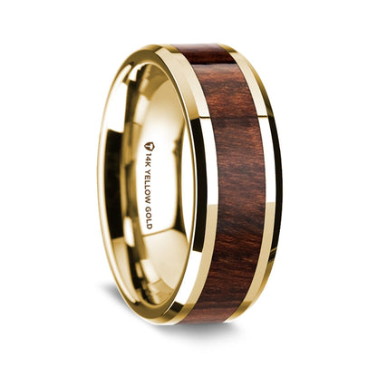 14k Yellow Gold Men's Wedding Band with Carpathian Wood Inlay