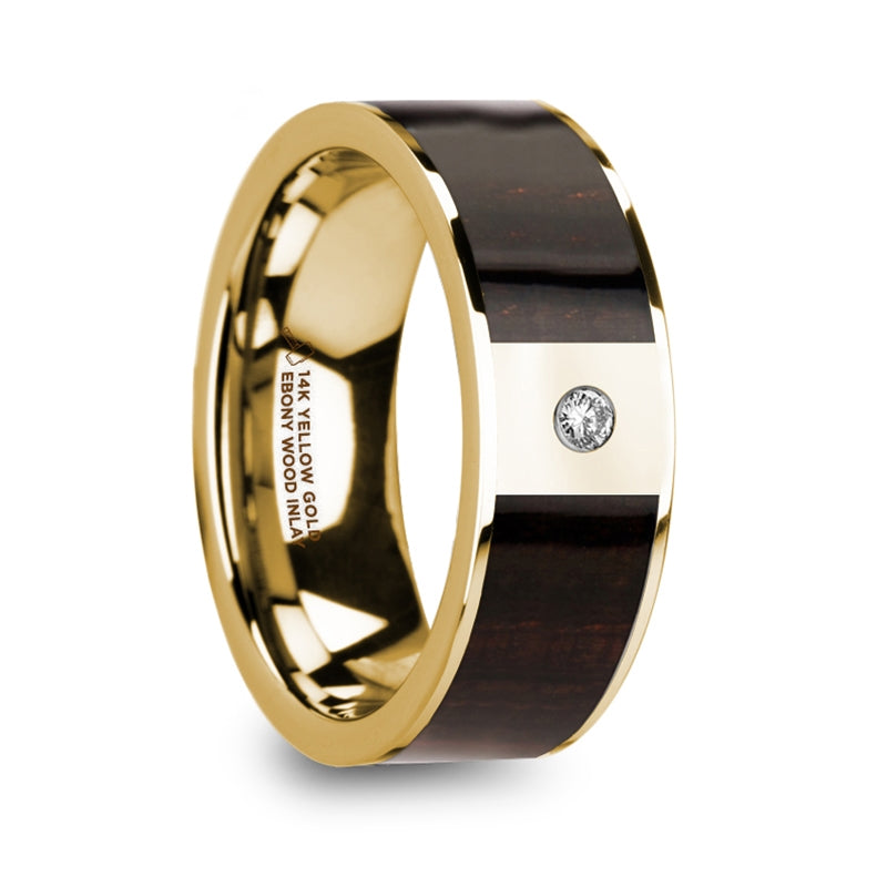 14k Yellow Gold Men's Wedding Band with Ebony Wood Inlay & Diamond