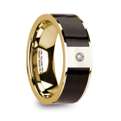 14k Yellow Gold Men's Wedding Band with Ebony Wood Inlay & Diamond