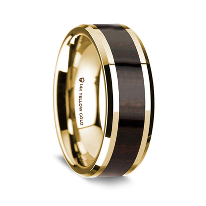 14k Yellow Gold Men's Wedding Band with Ebony Wood Inlay