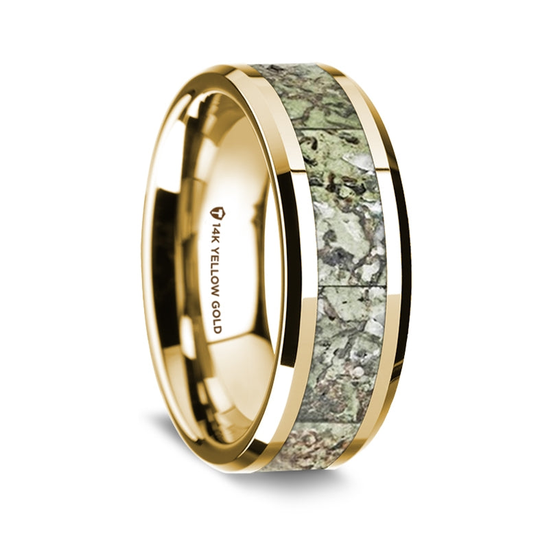 14k Yellow Gold Men's Wedding Band with Green Dinosaur Bone Inlay