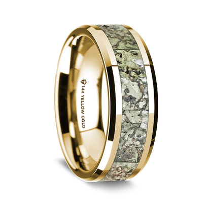 14k Yellow Gold Men's Wedding Band with Green Dinosaur Bone Inlay