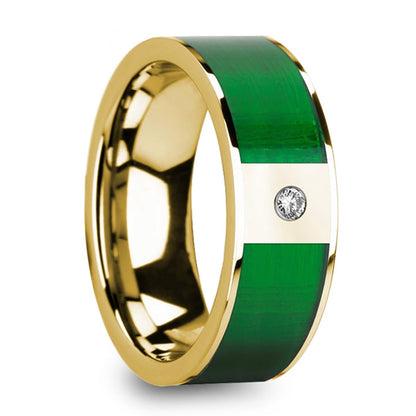 14k Gold Men's Wedding Band with Green Inlay & Diamond