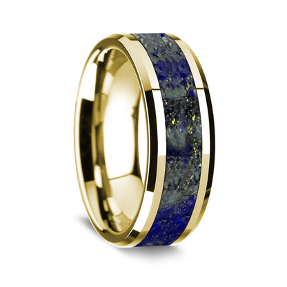 14k Gold Men's Wedding Band with Blue Lapis Lazuli Inlay