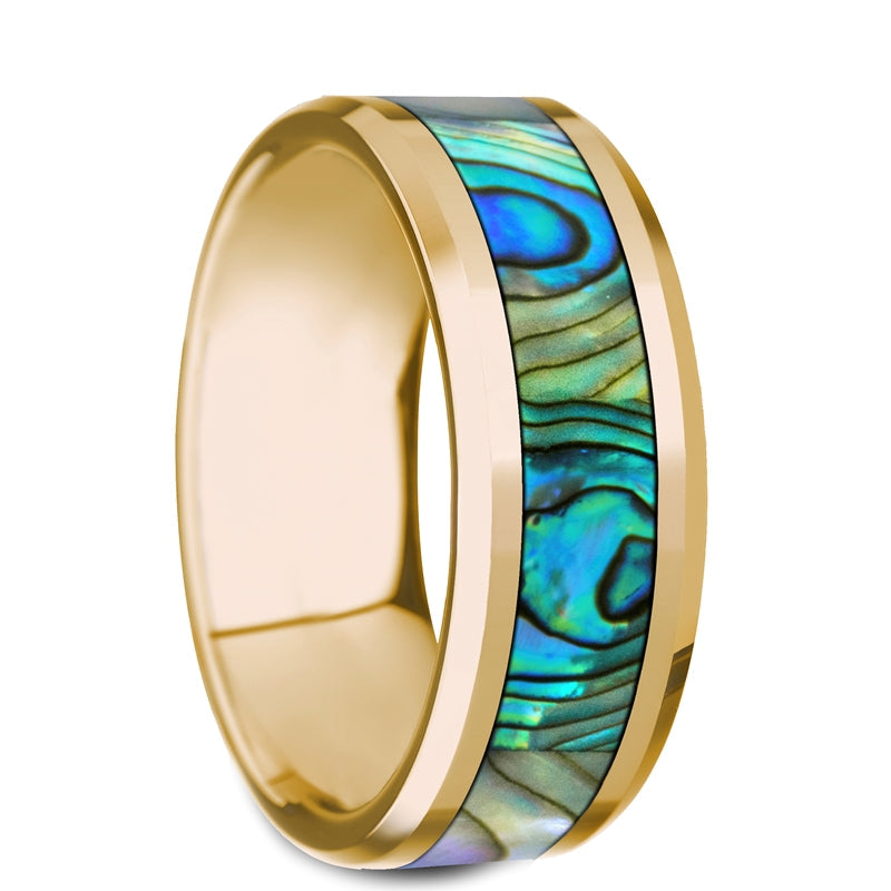 14k Yellow Gold Men's Wedding Band with Mother of Pearl Inlay