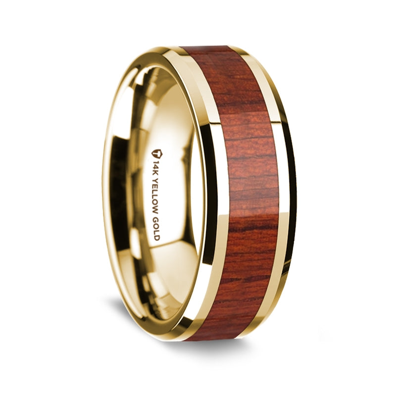 14k Yellow Gold Men's Wedding Band with Padauk Wood Inlay