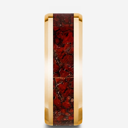 14k Yellow Gold Men's Wedding Band with Red Dinosaur Bone Inlay
