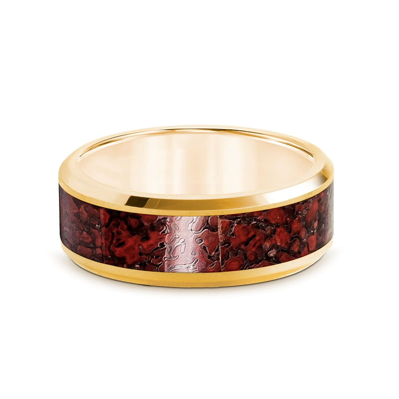14k Yellow Gold Men's Wedding Band with Red Dinosaur Bone Inlay
