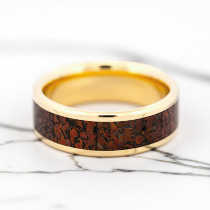 14k Gold Men's Wedding Band with Red Dinosaur Bone Inlay