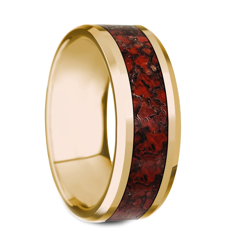 14k Yellow Gold Men's Wedding Band with Red Dinosaur Bone Inlay