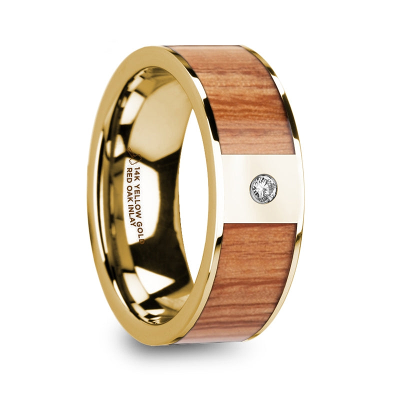 14k Yellow Gold Men's Wedding Band with Red Oak Wood Inlay & Diamond