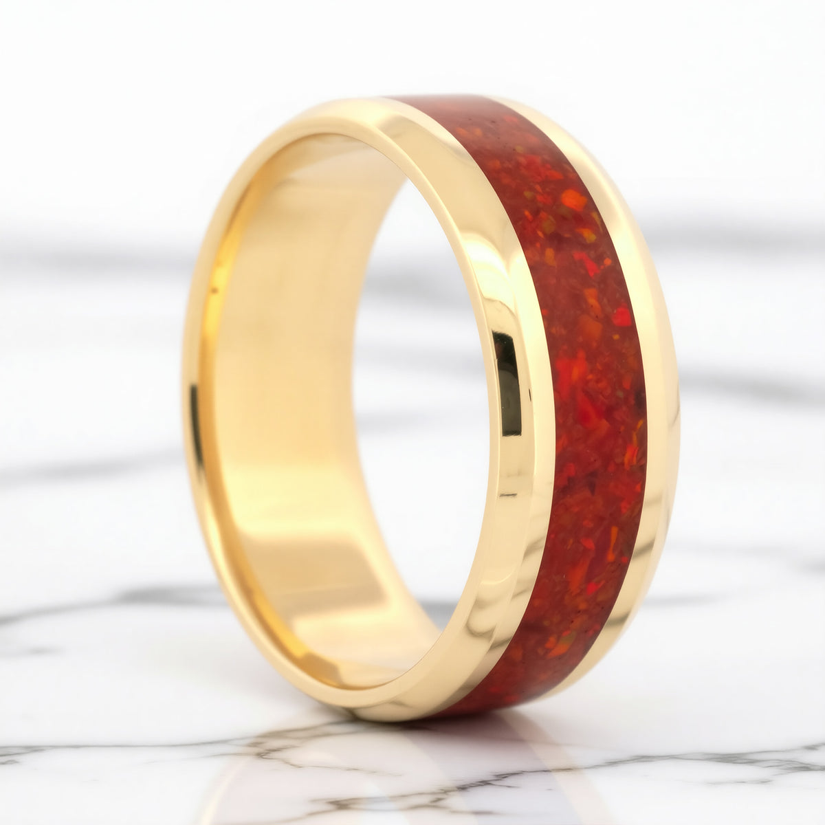 14k Gold Men's Wedding Band with Red Opal Inlay