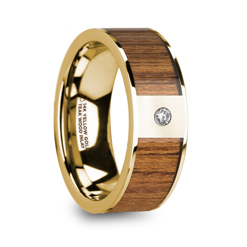 14k Yellow Gold Men's Wedding Band with Teak Wood Inlay & Diamond