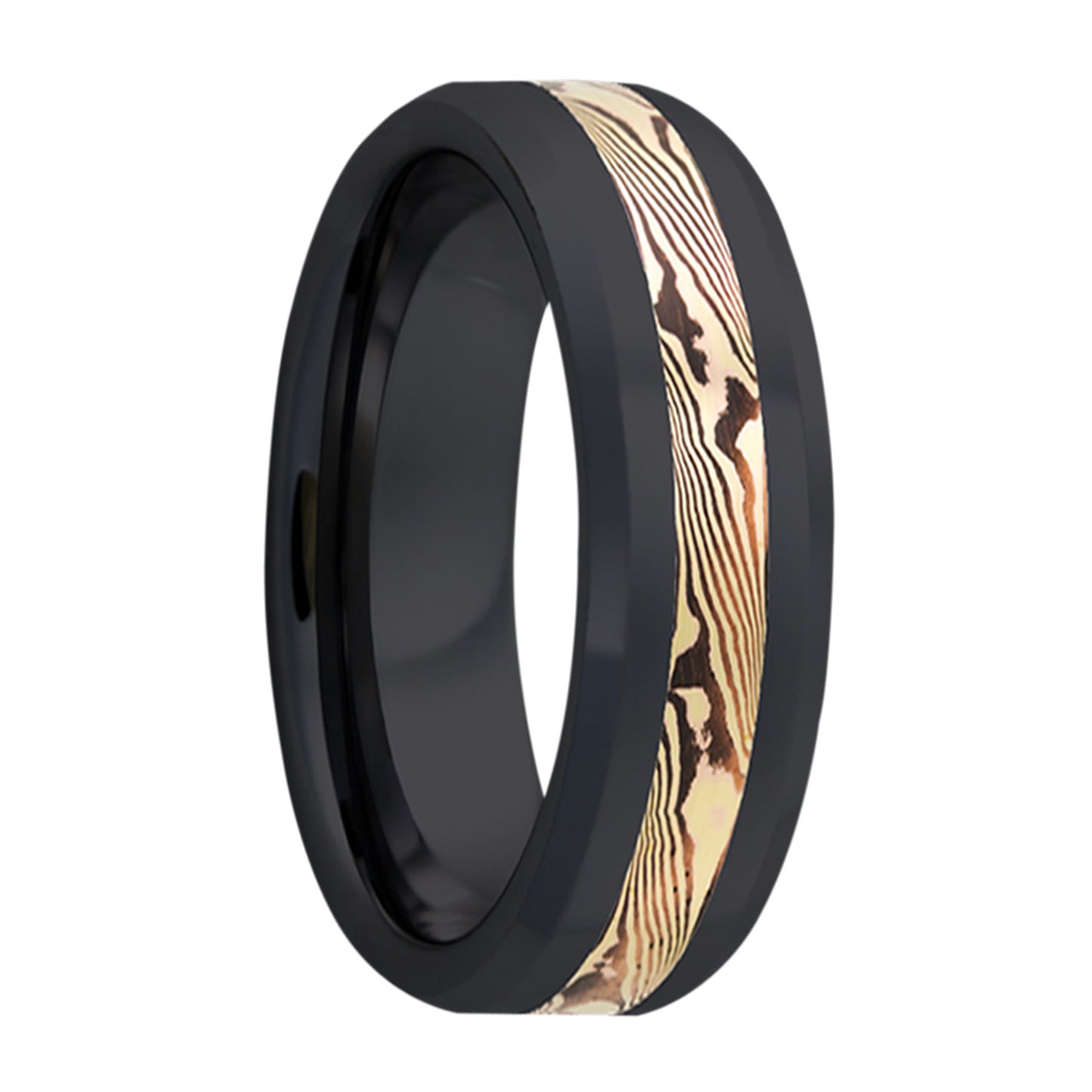 Alliance en or jaune 14 carats et incrustation de zirconium Shakudo Mokume Gane avec bords biseautés