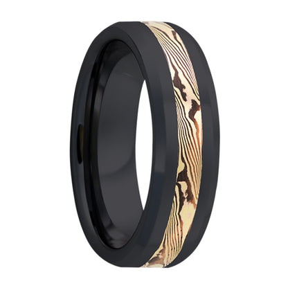 Alliance en or jaune 14 carats et incrustation de zirconium Shakudo Mokume Gane avec bords biseautés