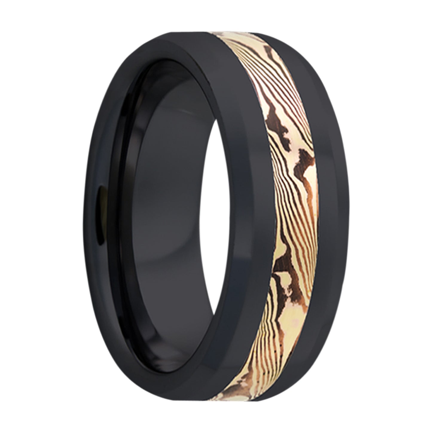 Alliance en or jaune 14 carats et incrustation de zirconium Shakudo Mokume Gane avec bords biseautés