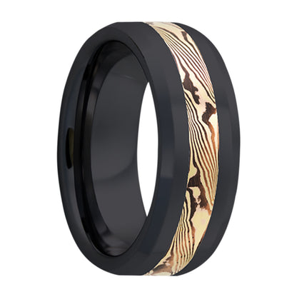 Alliance en or jaune 14 carats et incrustation de zirconium Shakudo Mokume Gane avec bords biseautés